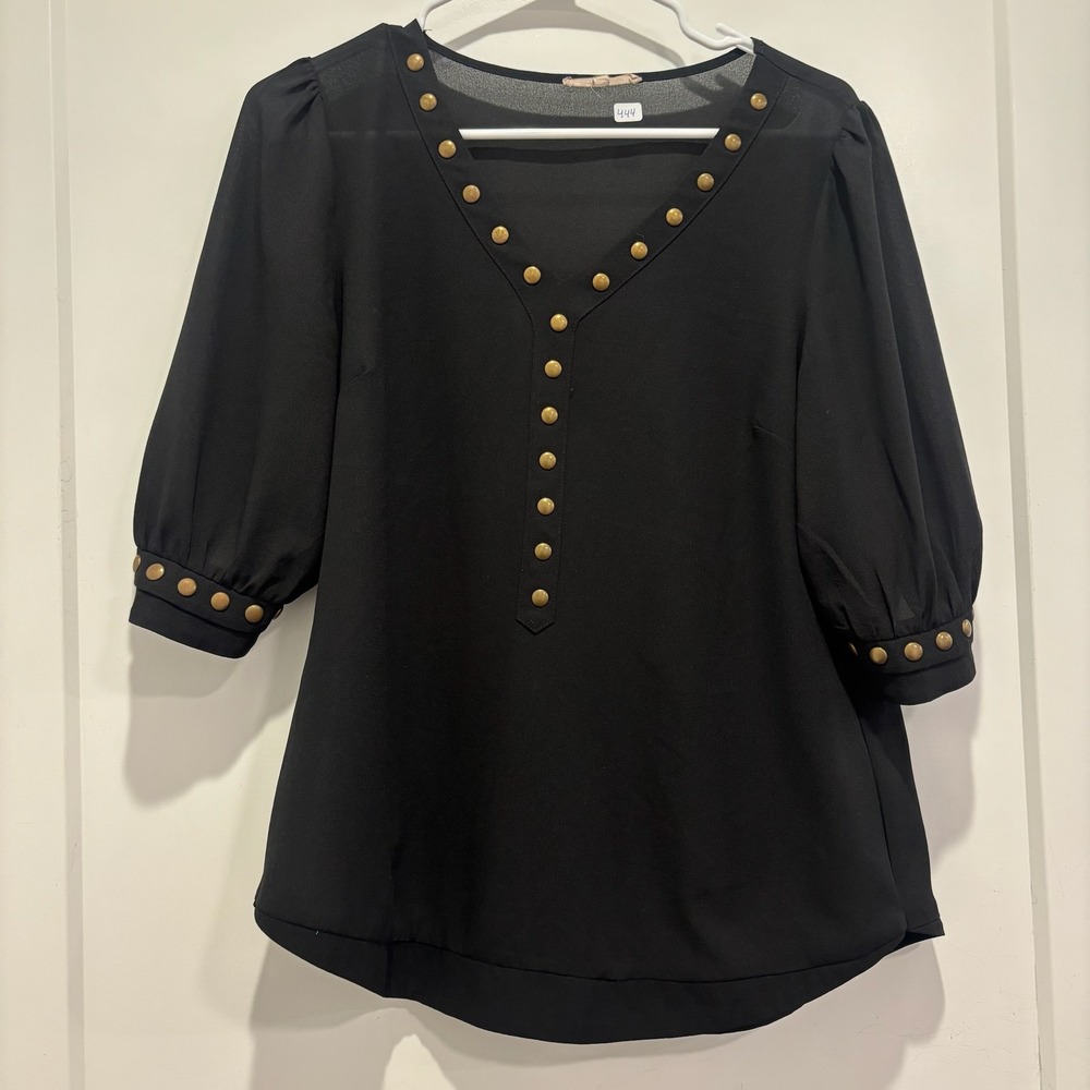 41 Hawthorn Black Studded V-Neck Blouse 3/4 Sleeve‎ Size Medium Brass Accents